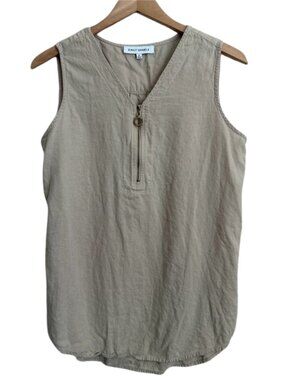 Emily Daniels Blouse M Tan Linen Blend Sleeveless V-Neck Ring Zip Pullover Tan